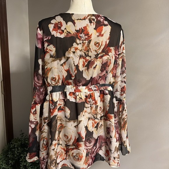 Boston proper women’s babydoll floral tunic blouse lace up V neck empire waist L - Picture 11 of 15